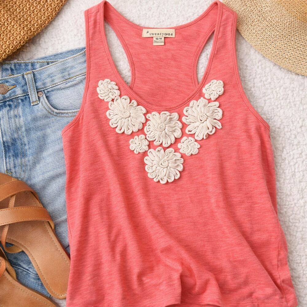 Twenty One Coral Tank Top Floral Applique Sleeveless Boho Summer Medium